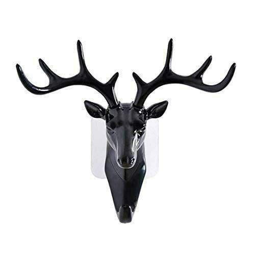 Deer Head Hanging Plastic, Self Adhesive Wall Door Hook Hanger Bag Keys Sticky Holder (Black)