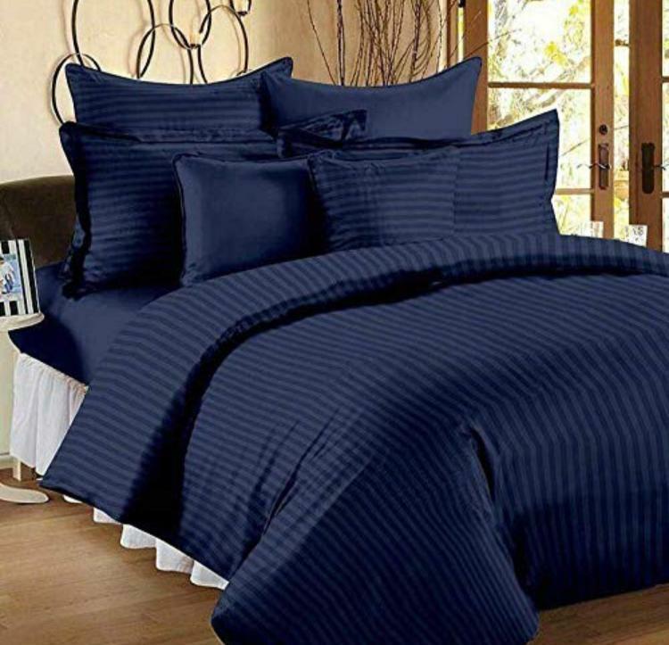 Cotton Plain Stripes Double Bedsheet Dark Blue